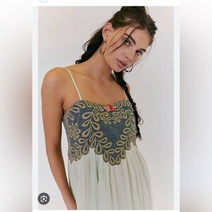 Free People Emery Embroidered Denim Mixed Media Rosette Flowy Maxi Dress XS